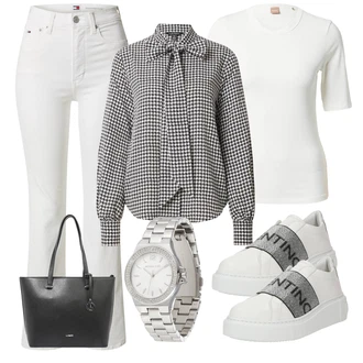 Dolg rokav outfit mit Siva/Bela Karirasta Bluza Polo Ralph Lauren "Pomladanski Outfit"