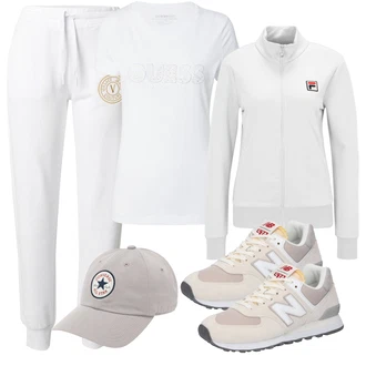 Kratka outfit mit Krem/Rdeča/Siva/Bela/Svetlo siva/Srebrna Jopica Podložen pleteni jopič/Kardigan s stoječim ovratnikom/Bombažna Jopica Fila "Pomladanski Outfit"