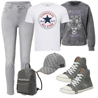 Baseball outfit mit Siva/Svetlo siva Pokrivalo/Snapback Kapa Guess "Pomladanski Outfit"Look: Bowling, Baseball, Golf