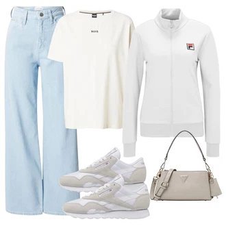 Kratka outfit mit Krem/Rdeča/Siva/Bela/Svetlo siva/Srebrna Jopica Podložen pleteni jopič/Kardigan s stoječim ovratnikom/Bombažna Jopica Fila "Pomladanski Outfit"