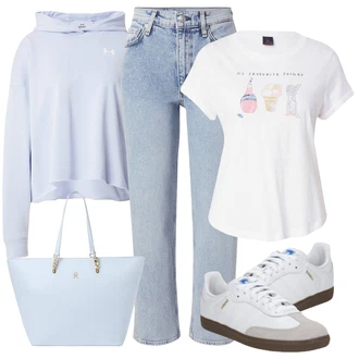 Estetski outfit mit Modra/Svetlo modra/Škrlatna Športni Pulover s kapuco/Športni pulover/Pulover s kapuco/Usnjena jakna/Fleece pulover Under Armour "Pomladanski Outfit"Look: Nor, Ulična moda, Egirl, Overdressed, Prevelik, Unisex, Estetski, Transparent, Športno, Preppy