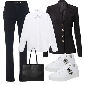 outfit mit Črna/Temno modra/Rumena Usnjena Jakna za moške/Usnjena Jakna/Bluzni Blejzer/Eleganten Blazer Pinko "Pomladanski Outfit"