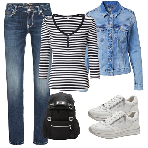 Črtast Bluze velike velikosti kombinirajte z SOCCX, GARCIA, Temno modra/Svetlo modra/Modra Bluze velike velikosti Tommy Hilfiger, Krem/Bela/Siva/Bež/Srebrna/Svetlo siva Superge Z Bočno Zadrgo/Ozke superge/Plato-Sneaker/Superge Nizke/Usnjene Superge S.Oliver, Diesel