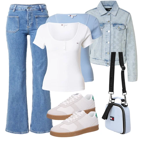 Svetlo modra Široke Kavbojke kombinirajte z Modra/Svetlo modra/Lila barve Bootcut Kavbojke/Vintage Kavbojke/Šiškate Kavbojke/Široke Kavbojke Vanessa Bruno, Svetlo modra/Modra Denim Jakne/Kratke Denim Jakne/Vintage Jakne/Kratke Jakne karl lagerfeld, Svetlo modra Funkcijske Majice/Lepe Majice/Osnovne majice/Klasična Dolžina/2-v-1 majica/Majice s kratkimi rokavi/Casual Majice/Kratke majice Tommy Jeans, Svetlo modra/Siva Torbice za okrog pasu/Torbice za mobilne telefone/Mini torbice/Vodoodporne torbe/Torbice za čez ramo/Diabetične vrečke/Vrečka za prenašanje Tommy Jeans, Marc O'Polo