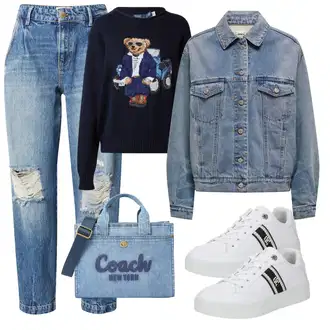 outfit mit Bela/Temno modra/Krem Teddy Superga/Ozka Superga/Superge Luknjasta/Usnjene superge/Superge Nizka Tommy Hilfiger "Pomladanski Outfit"
