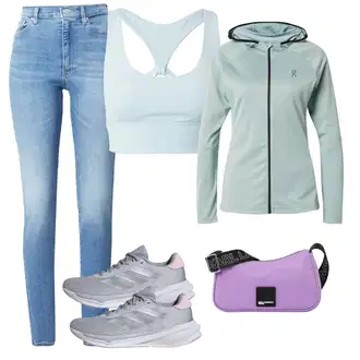 outfit mit Svetlo modra/Modra/Turkizna Visoka podpora/Top za oblikovanje & Obleka/T-Shirt-nedrček/Mehki Bh/High-neck nedrček Puma "Pomladanski Outfit"