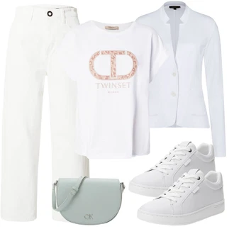 outfit mit Svetlo modra/Bela/Siva Plašč/Bluza velika velikost More & More "Pomladanski Outfit"