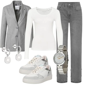 outfit mit Bela/Siva/Krem Srajca & majica velike velikosti/Bluza velika velikost Opus "Pomladanski Outfit"