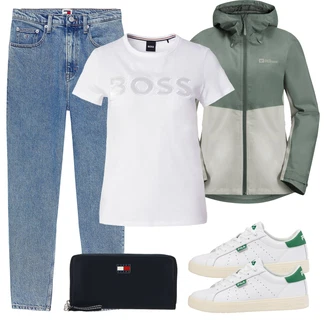 outfit mit Bež/Temno zelena/Zelena/Bela/Krem Ozka Superga/Superge Nizka/Poletne superge/Usnjene superge/Vintage Superga Fila "Pomladanski Outfit"