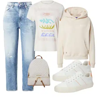 outfit mit Bež/Khaki/Bela/Rjava/Krem Vintage pulover s kapuco/Športni pulover/Športni pulover s kapuco/Usnjena jakna/Oversize pulover s kapuco/Pleten pulover s kapuco/Pulover s kapuco/Elegantni pulover s kapuco pequs "Pomladanski Outfit"