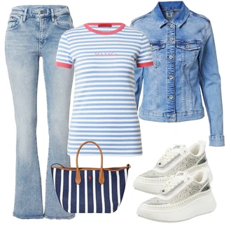 Badminton outfit mit Modra/Svetlo modra/Temno rdeča Casual Majica/Lepa Majica/Majica za spanje/Prugasta majica/Športna majica max&co. "Pomladanski Outfit"Look: Badminton, Ragbi, Bowling, Tenis