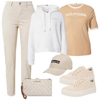 outfit mit Siva/Bela/Krem Zimski kardigan/Podložen pleteni jopič/Pončo & Kimono Pončo s kapuco/Kratka jopica/Poncho/Bombažna jopica/Trachten Jopica Tommy Hilfiger "Pomladanski Outfit"