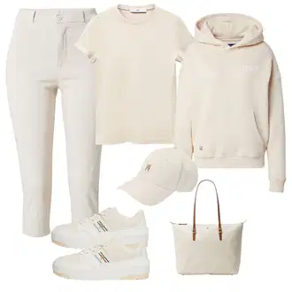 outfit mit Bež/Khaki/Bela/Rjava/Krem Vintage pulover s kapuco/Športni pulover/Športni pulover s kapuco/Usnjena jakna/Oversize pulover s kapuco/Pleten pulover s kapuco/Pulover s kapuco/Elegantni pulover s kapuco pequs "Pomladanski Outfit"