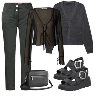 outfit mit Črna/Krem/Bež Poletni Čevelj/Rimski sandal/T-pašček-Sandal/Zaprta sandala/Sandala z visokim gležnjem/Sandala Udobna/Čevelj s trakom/Veganski čevelj/Sandala s platformo/Sandala z zapiranjem na ježka/Ribiška sandala "Pomladanski Outfit"