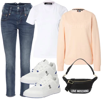 Okrogel izrez outfit mit Roza/Oranžna Športni Pulover/Ženski Pulover/Usnjena jakna/Fleece Pulover "Pomladanski Outfit"