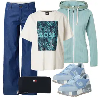 90. leta, Stil outfit mit Modra/Temno modra/Svetlo modra Usnjena Moška Jakna/Formalna Srajca/Široke Kavbojke/Culotte Kavbojke/Šiškata Kavbojka/Široke Kavbojke G-Star Raw "Pomladanski Outfit"Look: Stil, Delovna oblačila, Stari denar, 70. leta