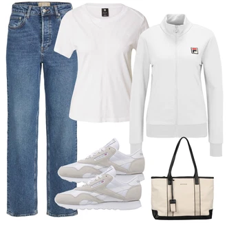 Kratka outfit mit Krem/Rdeča/Siva/Bela/Svetlo siva/Srebrna Jopica Podložen pleteni jopič/Kardigan s stoječim ovratnikom/Bombažna Jopica Fila "Pomladanski Outfit"