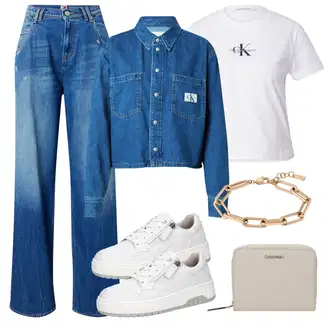 90. leta, Stil outfit mit Modra/Svetlo modra Široke Kavbojke/Vintage kavbojke/Moška Usnjena Jakna/Usnjena Moška Jakna/Šiškata Kavbojka/Formalna Srajca/Široke Kavbojke Tommy Jeans "Pomladanski Outfit"Look: Lepo, Stil