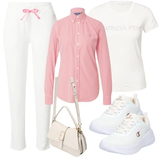 outfit mit Roza/Bela Hlače Slip-on Hlača/Hlača za Obleko/Termo Hlača/Dolga Hlača/Športne Hlače/Jersey Hlača/Hlače iz muslina/Športno eleganten hlačni kostim/Moderni hlačni kostim/Hlača s Stremenom/Eleganten hlačni kostim/Svečani Hlačni Kostum/Slim Hlača/Raztegljiva Hlača/Hlačna Obleka za Poroko "Pomladanski Outfit"