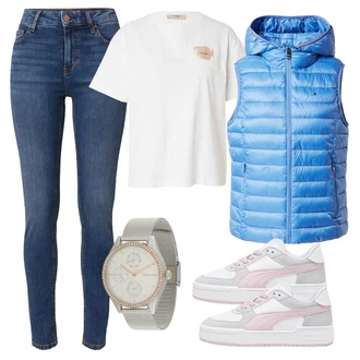 outfit mit Modra/Temno Modra/Svetlo Modra Push up Kavbojke/Zimska jakna/Gležnarji/Usnjene Čevlje/Usnjena Jakna/Kavbojke Visokega Pasu/Ozke Kavbojke/Kavbojke z Razporkom ESPRIT "Pomladanski Outfit"