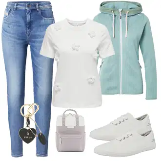 outfit mit Zelena/Turkizna/Svetlo modra Pletena Jakna iz Flisa/Jakna s Kapuco/Merino Jakna CMP "Pomladanski Outfit"