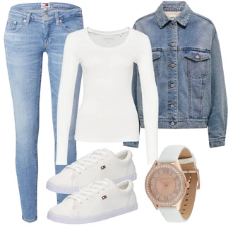 outfit mit Bela/Siva/Krem Srajca & majica velike velikosti/Bluza velika velikost Opus "Pomladanski Outfit"