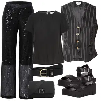 outfit mit Črna/Srebrna Športno eleganten hlačni kostim/Svečani Hlačni Kostum/Hlača z Razporkom/Široka Hlača/Hlače iz muslina/Perja Hlača/Marlene Hlača/Hlača iz Tvida/Hlača iz Blaga/Tradicionalna Hlača/Eleganten hlačni kostim/Moderni hlačni kostim/Palazzo Hlača/Bootcut Hlača/Hlačna Obleka za Poroko/Svilenkasta Hlača More & More "Pomladanski Outfit"