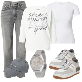 outfit mit Bela/Krem/Siva Srajca & majica velike velikosti/Bluza velika velikost Edited, Siva/Bela Tunika/Srajca & majica velike velikosti/Bluza velika velikost/Women's Hoodies and Sweatshirts SOCCX "Pomladanski Outfit"