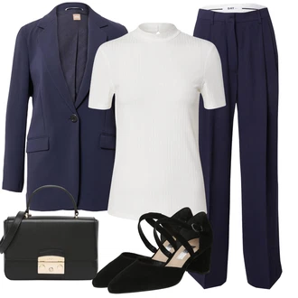 outfit mit Temno modra/Modra Široka Hlača/Hlače iz muslina/Plisirane Hlače/Svečani Hlačni Kostum/Plisirane spredaj hlač/Poslovni hlačni kostim/Hlačna Obleka za Poroko/Moderni hlačni kostim/Eleganten hlačni kostim/Marlene Hlača/Športno eleganten hlačni kostim/Poslovna Hlača/Nagubane hlače/Obleka Hlača DAY BIRGER ET MIKKELSEN "Poslovna oblačila"