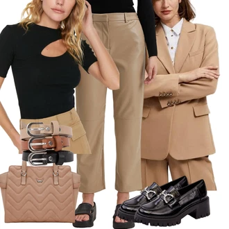 outfit mit Bež/Rjava/Krem Sproščeni Pas/Ženski Pas brez Zaponke/Usnjeni Pas/Klasični Pasovi DeFacto "Poslovna oblačila"