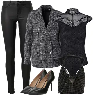 outfit mit Črna/Siva/Temno siva Čipkasti top Pieces "Poslovna oblačila"