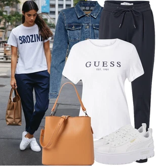 Outfit s Tmavě Modrá/Modrá Ležérní Kalhoty/Látková Kalhoty/Žerzejová Kalhoty/Jogger Kalhoty/Mušelínové kalhoty/Úzká Kalhoty/Navlékací Kalhoty/Sportovní kalhoty/Teplák/Tréninková Kalhoty Ichi "Skvělý vzhled"