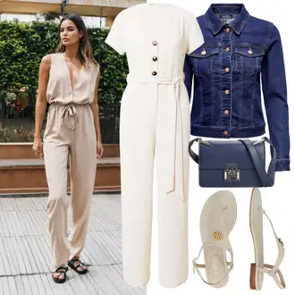 Šik Svatovski gost Outfit sa Krem/Bež/Bijela/Smeđa/Kaki Elegantni Kombinezon/Kombinezon s užetom/Svečani Kombinezon/Ljetni Kombinezon/Vjenčanje Kombinezon/Kombinezon širokih nogavica About You "Moderan outfit za slobodno vrijeme"Look: Pomorski, 20-ih godina, Šik, Sveučilišna, Za Kuću