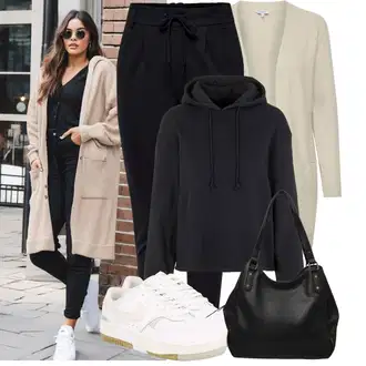 Outfit sa Crna/Tamnosiva/Tamnoplava Sweater majica Pieces "Moderan outfit za slobodno vrijeme"