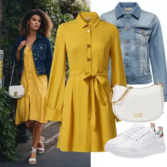 Outfit inspiracije 90-ich sa Svjetloplava/Krem/Plava Traper Jakna/Vintage Jakna/Kratka Traper Jakna Zadig & Voltaire, Bijela Ljetna tenisica/Tanka tenisica/Niska Tenisica/Kožna tenisica/Tenisica s platformom/Skate cipela "Sanjarska odjeća s žutom haljinom za vjenčanje i jaknama"Look: Vintage, Prekrasan, cool, Prevelik, Rap, 90-ich, Old Money, Radna odjeća, Retro, klasický, Skater, Sportski, Steampunk, Hip Hop, Estetika