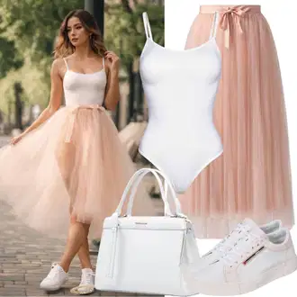 Kombinacije za vjenčanje Old Money sa Bijela/Krem/Pink Čipkasti Bodiji/Čipkasti grundjac/Podhaljina Lascana "Schicker Look Outfit mit Body und Tüllrock"Look: Traditional, Prekrasan, Old Money, Elegantan, klasický, Transparentan, Layered