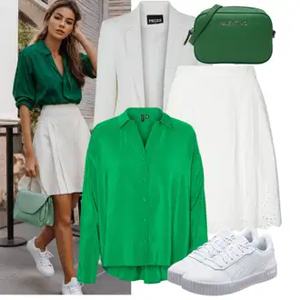 90tá léta Outfit s Zelená/Neonové barvy/Tyrkysový Jednobarevná Halenka/Crash blůza/Blůza s knoflíčkem/Halenka s Dlouhým Rukávem/Hedvábná Halenka/Kožená bunda pro muže/Slip-on Halenka/Oversize Halenka VERO MODA "Vzhled casual"Look: Klasické, Rad, Styl, Emo, 90tá léta, Irský, Italský, Kancelář, Nadrozměrné, Pracovní oděvy, Retro
