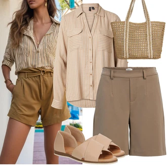 Nadrozměrné Outfit s Hnědá/Béžová/Khaki/Šedá Košile Vysoký pas Kraťasy/Chino Kraťasy/Bermuda/Šortky/Pytlovitý Šortky/Mušelínové Šortky Object "Stylové kombinace pro volný čas"Look: Emo, Námořní, Kancelář, Venkovní, Nadrozměrné, Chytrý příležitostný, Traditional, Pracovní oděvy, Safari