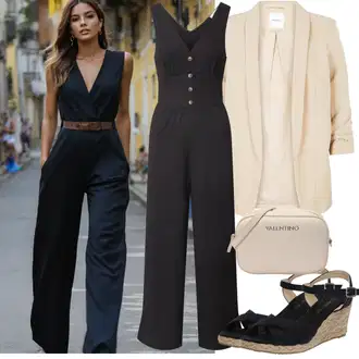 Šik Svatovski gost Outfit sa Crna/Tamnosiva/Siva Plisirani Kombinezon/Kombinezon širokih nogavica/Ljetni Kombinezon/Kombinezon s halterima/Elegantni Kombinezon About You "Moderan outfit za slobodno vrijeme"Look: Skater, Ured, Disko, 20-ih godina, Radna odjeća, 70-ich, Šik