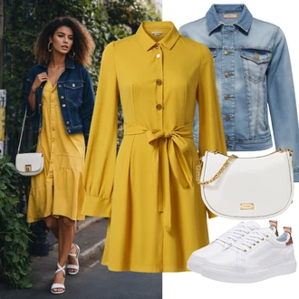 Měkké Outfit s Modrá/Tmavě modrá/Světle modrá Vintage Bund/Džínové Bund/Krátké Džínové Bundičky nasty gal petite "Snový outfit s žlutým šaty pro svatbu a bundy"