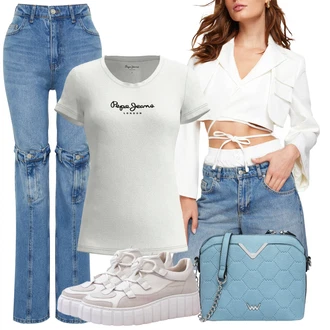 Bootcut outfit mit Svetlo modra/Modra Kavbojke z Razporkom/Kavbojke z Luknjo/Usnjene jakne Trendyol "Sodobni Pomladni putfit-"