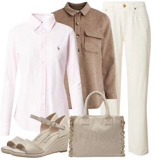 Ovratnik s pritrdilnimi gumbi outfit mit Rjava/Bež/Siva Bluza in Tunika/Bluza velika velikost Object "Sodobni Pomladni putfit"