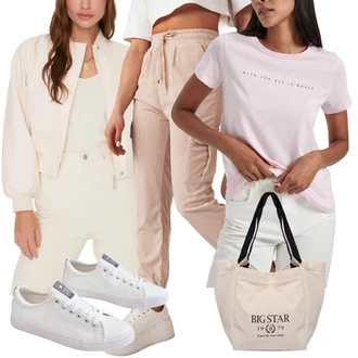 outfit mit Bež/Khaki/Škrlatna Cargo trenirke/Cargo Hlače dstreet "Sodobni Pomladni putfit"