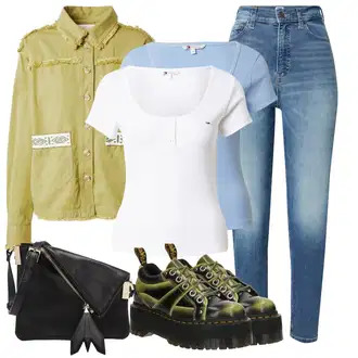 Kamuflaža outfit mit Rumena/Zelena/Temno zelena/Neonske barve Čevelj na Vezalko/Veganski čevelj/Debele Superge/Plato-Sneaker/Vintage čevelj na vezalke Dr. Martens "Sodobni Pomladni putfit"