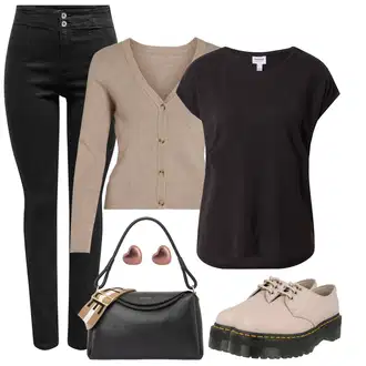 outfit mit Khaki/Črna Motoristične Kavbojke/Zimska jakna/Kavbojke Visokega Pasu/Usnjene Čevlje/Kavbojke z Razporkom/Ozke Kavbojke/Push up Kavbojke/Termodžinsi Only "Sodobni Pomladni putfit"