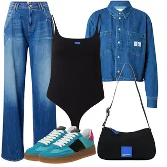 90. leta, Stil outfit mit Modra/Svetlo modra Široke Kavbojke/Vintage kavbojke/Moška Usnjena Jakna/Usnjena Moška Jakna/Šiškata Kavbojka/Formalna Srajca/Široke Kavbojke Tommy Jeans "Sodobni Pomladni putfit"Look: Lepo, Stil
