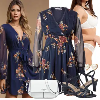 Outfit s Tmavě modrá/Pastelové barvy/Modrá Halenkové Šaty/Šaty na Podzim/Šaty S Potiskem/Vintage šaty About You "Letní Outfity"