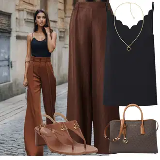 20 léta Outfit s Hnědá/Tmavě hnědá Marlene Kalhoty/Kalhoty se Štěrbinou/Slinky Kalhoty/Mušelínové Kalhoty/Palazzo Kalhoty/Tradiční Kalhoty/Culotte Kalhoty/Široká Kalhoty guido maria kretschmer women "Outfit na léto"Look: 20 léta, Cool, Jazz, Old Money, Venkovní, Western