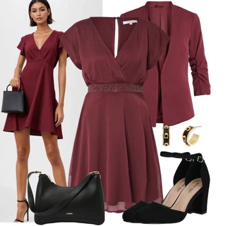 Outfit s Červená/Tmavě červená/Fialová/Vínová Občanské šaty/Šaty na Podzim/Žerzejové Šaty/Skater šaty/Společenské šaty pro hosta/Empire šaty/Římské šaty/Šaty s Páskem/Šaty na Konfirmaci/Šaty Do Áčka/Plesové Šaty About You "Neutrální každodenní vzhled"
