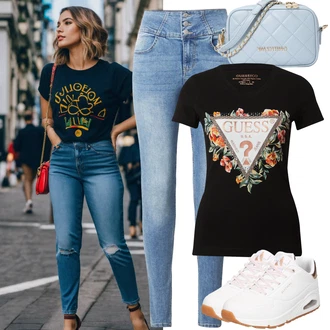 Sportovní Outfit s Bílá/Růžová/Krémová/Zlatý Bota Na Pěší Turistiku/Teniska Zimní Tenisky/Skate Bota/Teniska na platformě/Teniska teddy/Nízká Teniska/Kožené Tenisky/Letní Tenisky/Úzká Teniska Skechers "Outfit na léto"Look: Blokování barev, Venkovní, Skater, Sportovní